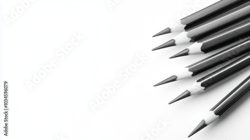 A collection of black and white pencils arranged neatly on a white background.