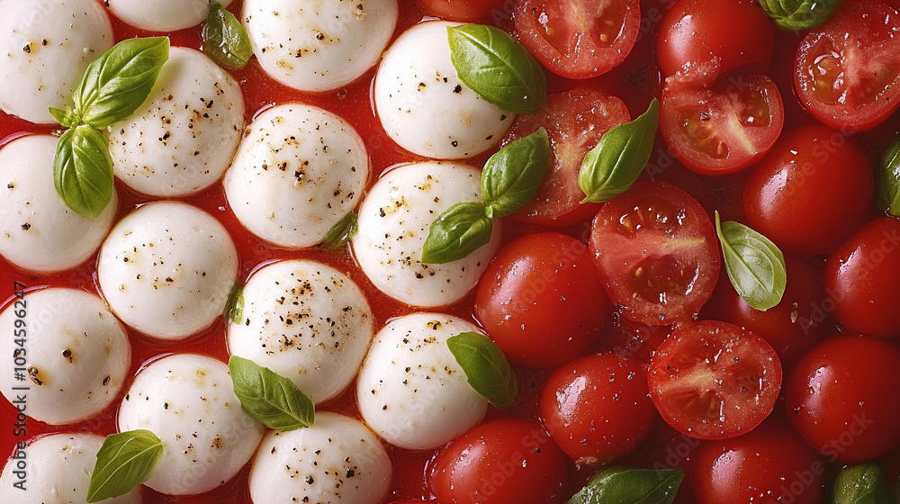 Fresh Caprese salad with vibrant red tomatoes, creamy mozzarella, and lush green basil on a white plate, leaving a blank space on the side for text or design elements Fresh Caprese salad with vibrant red tomatoes, creamy mozzarella, and lush green basil on a white plate, leaving a blank space on the side for text or design elements