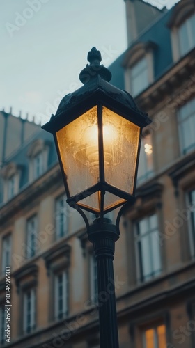 Vintage street lamp illuminating a parisian evening