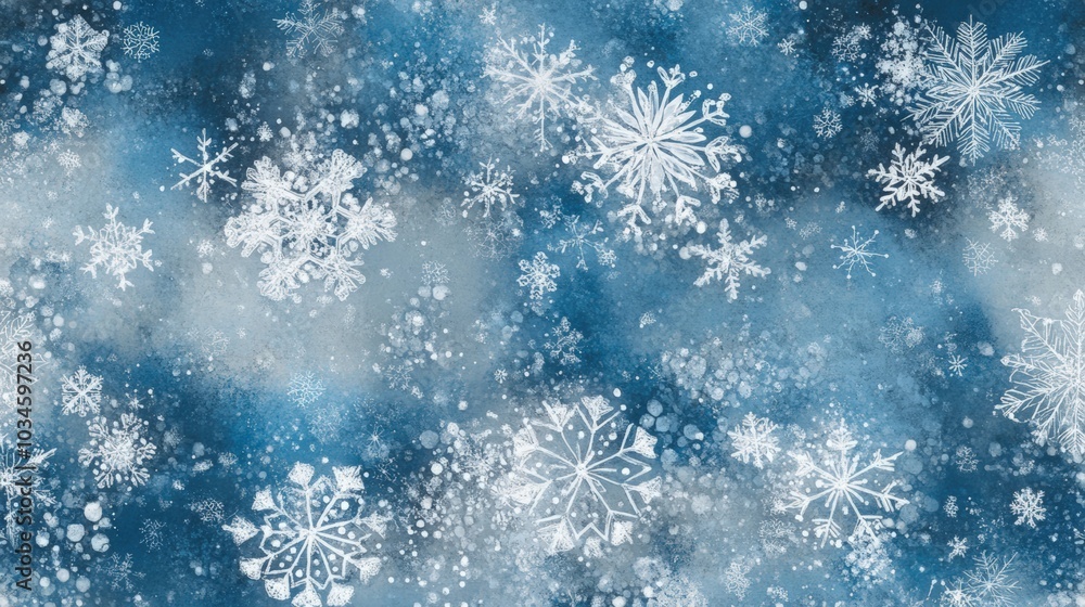 Abstract winter design featuring delicate snowflakes in varying sizes, softly scattered across a background of cool blues and whites. Blending into swirling patterns that evoke the peaceful. Abstract winter design featuring delicate snowflakes in varying sizes, softly scattered across a background of cool blues and whites. Blending into swirling patterns that evoke the peaceful.