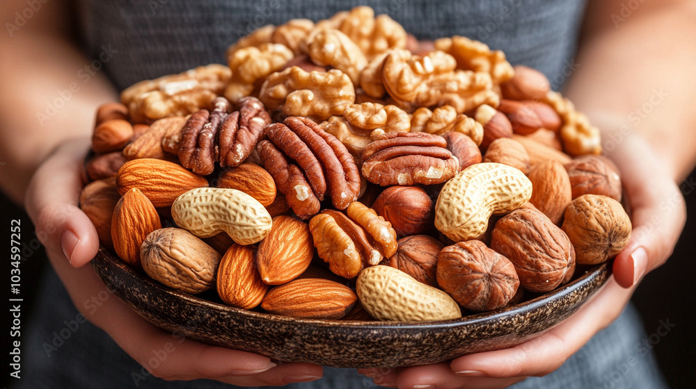 woman holds a bowl filled with various nuts, symbolizing healthy eating and balanced nutrition. The image emphasizes natural, wholesome choices for a balanced diet and mindful living woman holds a bowl filled with various nuts, symbolizing healthy eating and balanced nutrition. The image emphasizes natural, wholesome choices for a balanced diet and mindful living