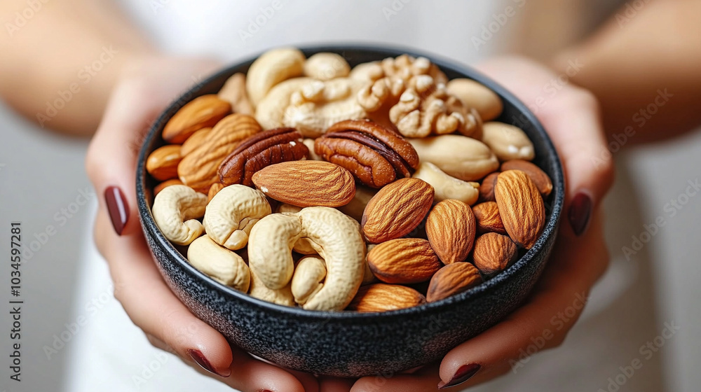 woman holds a bowl filled with various nuts, symbolizing healthy eating and balanced nutrition. The image emphasizes natural, wholesome choices for a balanced diet and mindful living woman holds a bowl filled with various nuts, symbolizing healthy eating and balanced nutrition. The image emphasizes natural, wholesome choices for a balanced diet and mindful living