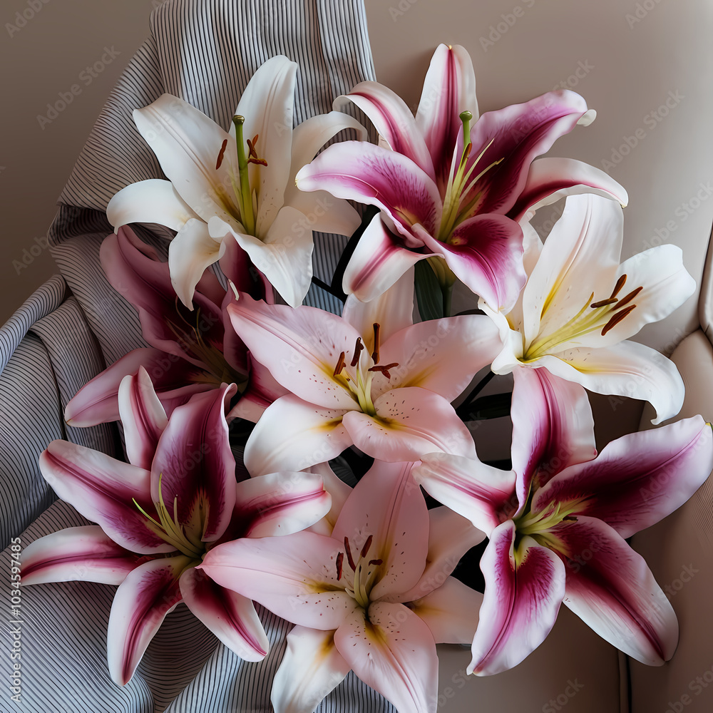 Obraz premium Beautiful arrangement of pink and white lilies, showcasing vibrant petals and lush greenery, perfect for any floral display.