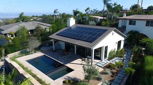 A modern house with solar panels and a pool, surrounded by greenery in a scenic landscape.