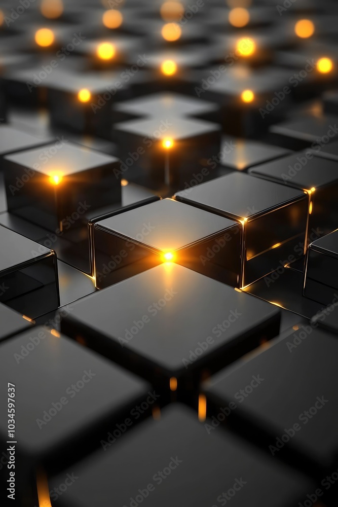 A close-up view of illuminated black cubes, creating a visually striking pattern. A close-up view of illuminated black cubes, creating a visually striking pattern.