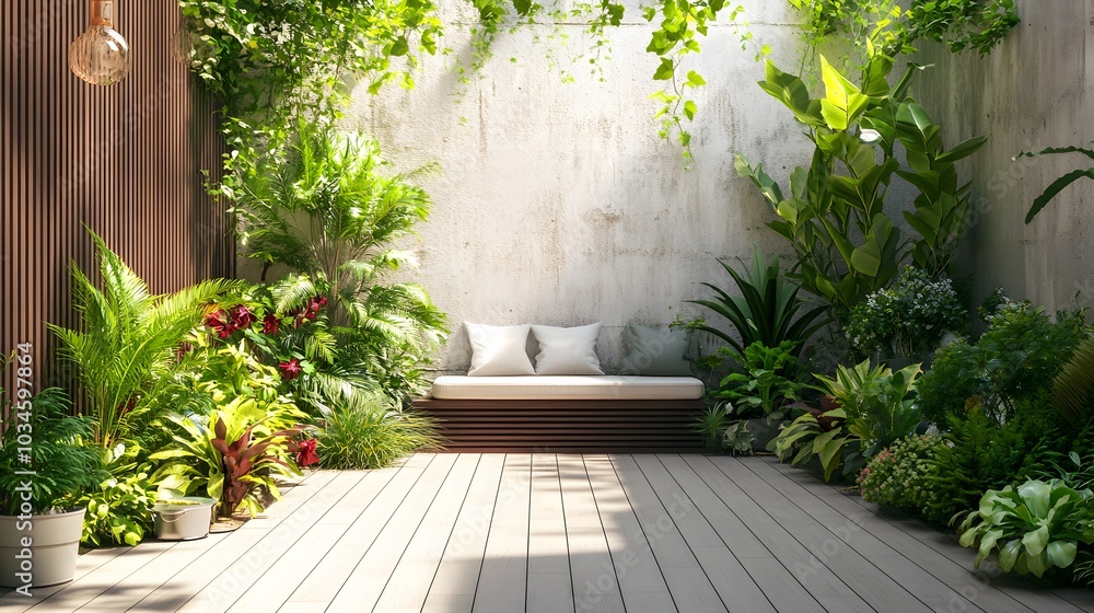 Fototapeta premium 197. A serene outdoor patio with plants and an empty area for a product