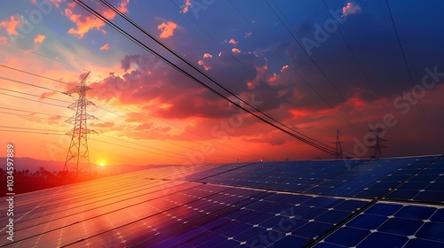 A scenic sunset over solar panels with power lines, highlighting renewable energy sources.