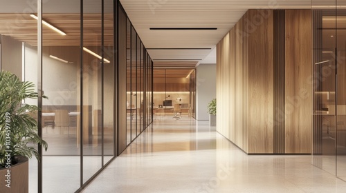 Modern Office Hallway with Glass Walls and Wood Paneling