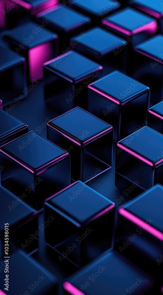 A close-up view of glossy cubes with vibrant blue and pink lighting effects. A close-up view of glossy cubes with vibrant blue and pink lighting effects.