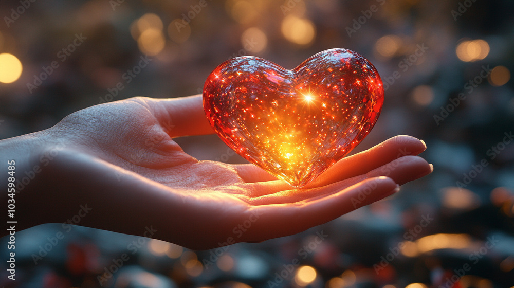 woman's hand gently holds a 3D heart, illuminated against a vibrant, bright background, symbolizing love, compassion, connection, and the power of human touch in a digital world woman's hand gently holds a 3D heart, illuminated against a vibrant, bright background, symbolizing love, compassion, connection, and the power of human touch in a digital world