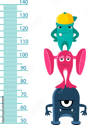 Kid height scale. Growth measurement with cartoon monsters