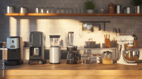 A modern kitchen countertop featuring various appliances for food and drink preparation.