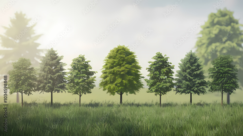 Obraz premium Illustration of a row of trees in varying sizes and shades of green, set against a misty background in a grassy field.