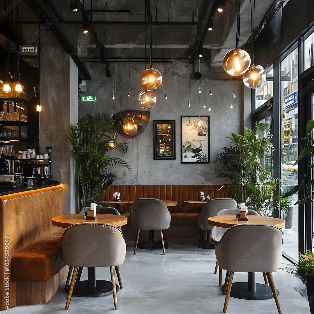 183. A chic cafe with decor and an empty area for a product 183. A chic cafe with decor and an empty area for a product