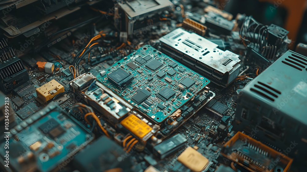 A Diverse Pile of Scrap Electronics Featuring Old Circuit Boards and Components in a Disorganized Setting A Diverse Pile of Scrap Electronics Featuring Old Circuit Boards and Components in a Disorganized Setting