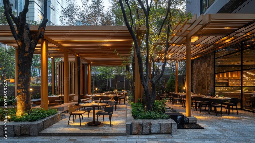 Modern Restaurant Patio with Pergola and Stone Wall Modern Restaurant Patio with Pergola and Stone Wall