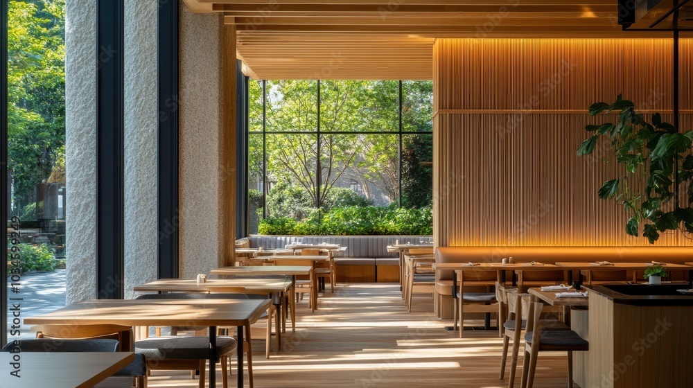 Fototapeta premium Modern Restaurant Interior with Natural Light and Wood Accents