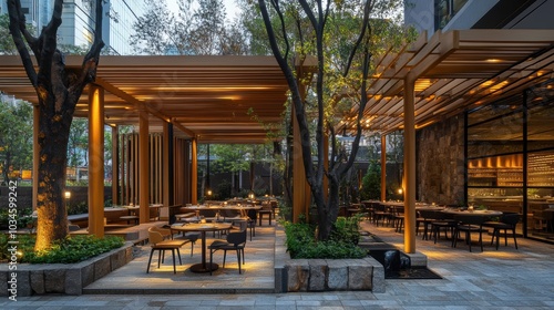 Modern Restaurant Patio with Pergola and Stone Wall