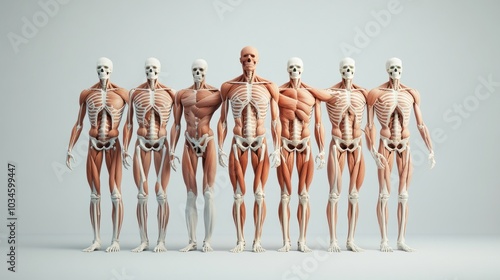 A lineup of human anatomical models showcasing various muscle and skeletal structures. photo