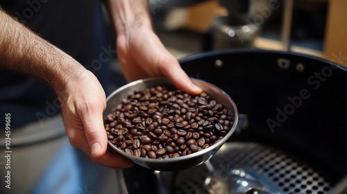 A person holding a bowl of roasted coffee beans, ready for brewing.