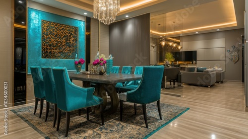 Wallpaper Mural Modern Dining Room Interior Design with Velvet Chairs and Chandelier Torontodigital.ca