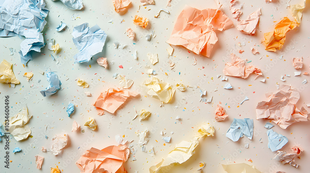 Crumpled Paper Waste Scattered on a Light Background, Illustrating Environmental Impact and Recycling Awareness Crumpled Paper Waste Scattered on a Light Background, Illustrating Environmental Impact and Recycling Awareness