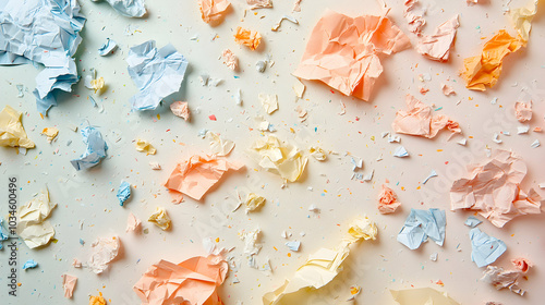 Crumpled Paper Waste Scattered on a Light Background, Illustrating Environmental Impact and Recycling Awareness