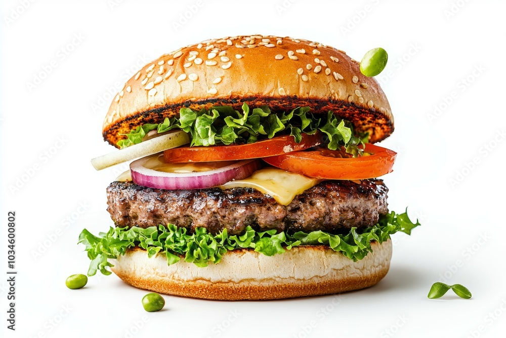 Burger or hamburger in advertising style. Cheeseburger in fast food concept. Background, selective focus and copy space Burger or hamburger in advertising style. Cheeseburger in fast food concept. Background, selective focus and copy space