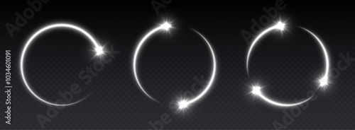 Glowing white shooting star circles with sparkles, light frames, stars in circular motion, abstract shiny rings with particles. Vector illustration.