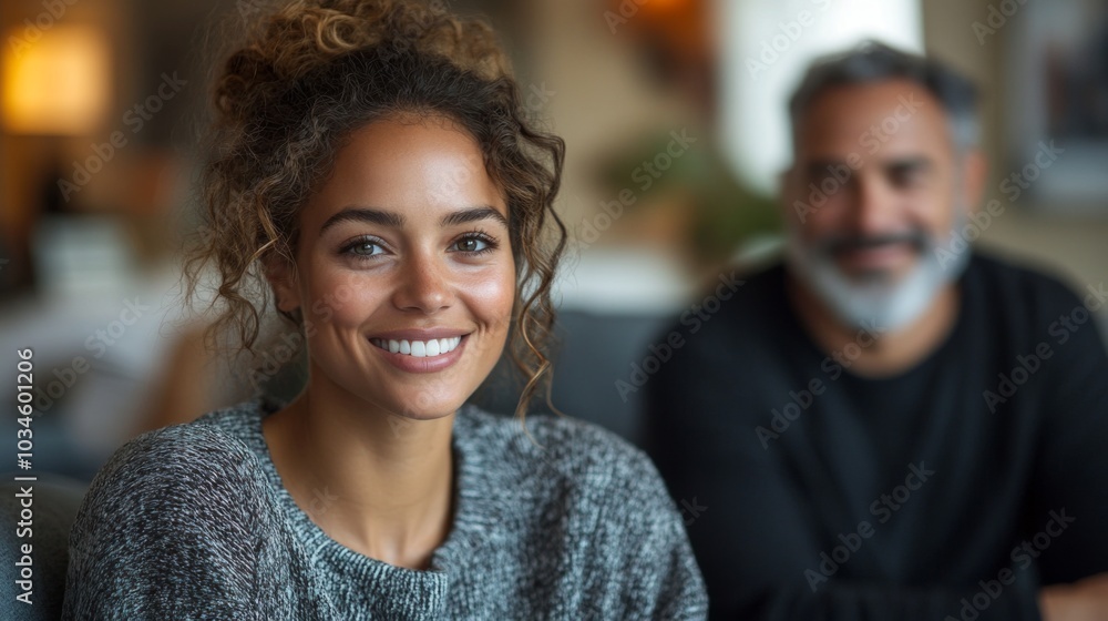 A cheerful woman sits in a cozy cafe, smiling warmly at the camera. Behind her, a man enjoys the ambiance, creating a relaxed and inviting atmosphere. A cheerful woman sits in a cozy cafe, smiling warmly at the camera. Behind her, a man enjoys the ambiance, creating a relaxed and inviting atmosphere.