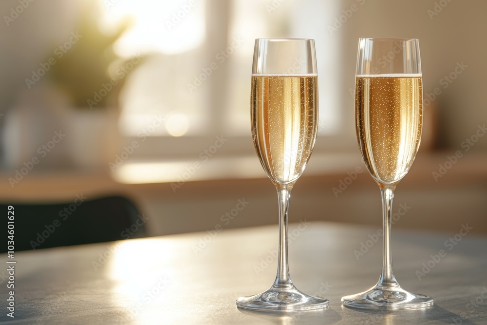 Two champagne glasses on a table, one of which is almost empty Two champagne glasses on a table, one of which is almost empty