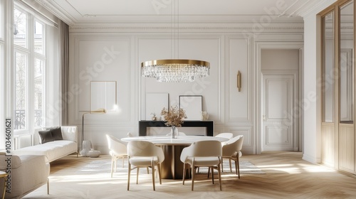 Modern Interior Design: Luxurious Dining Room with White Walls and Gold Accents