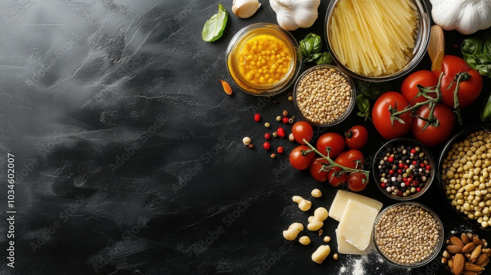 A flat lay of various ingredients for making pasta, including tomatoes, garlic, pasta, cheese, and spices, arranged on a black surface. A flat lay of various ingredients for making pasta, including tomatoes, garlic, pasta, cheese, and spices, arranged on a black surface.