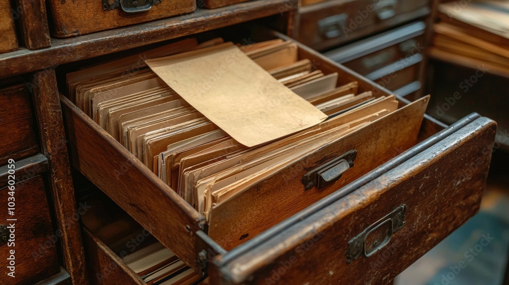 Obraz premium Open vintage wooden drawers of filing cabinets for storing data, archives and documents in an office setting..