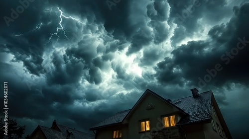 Dramatic storm clouds with lightning above a house, illuminated windows create a moody atmosphere.