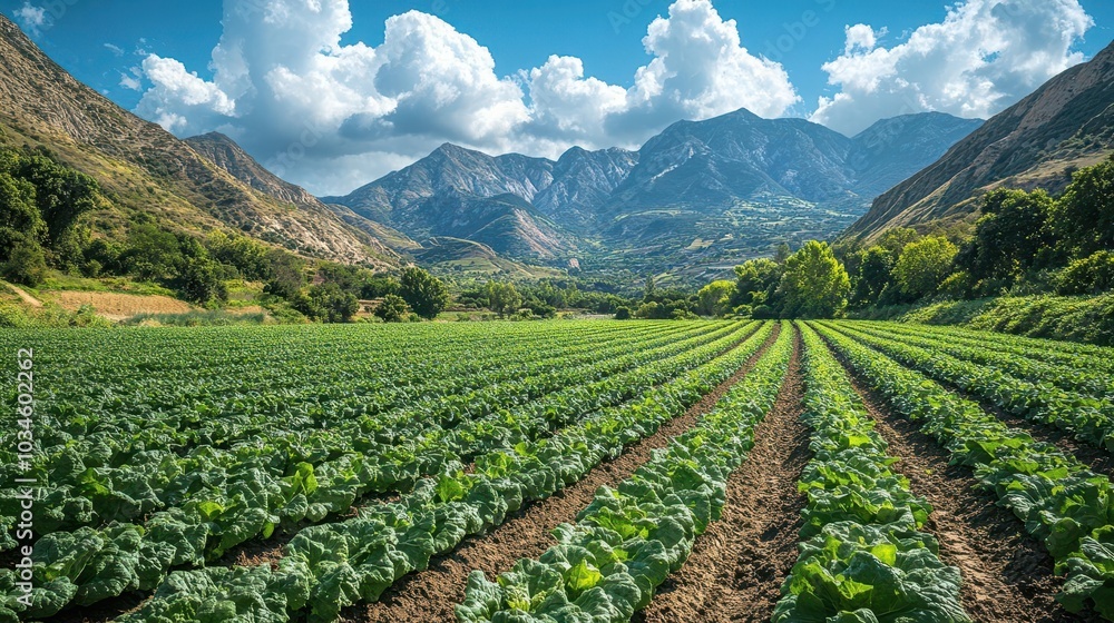 serene lettuce field stretches across the landscape framed by majestic mountains in the background highlighting the beauty of nature and the simplicity of agricultural life serene lettuce field stretches across the landscape framed by majestic mountains in the background highlighting the beauty of nature and the simplicity of agricultural life