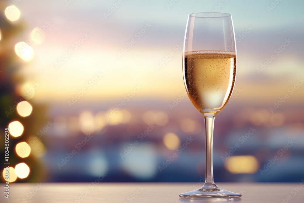A glass of champagne is sitting on a table with a view of the city A glass of champagne is sitting on a table with a view of the city