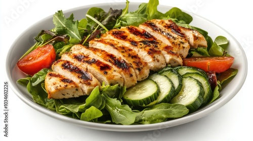 A close-up of a grilled chicken salad with fresh greens, cucumbers and tomatoes.