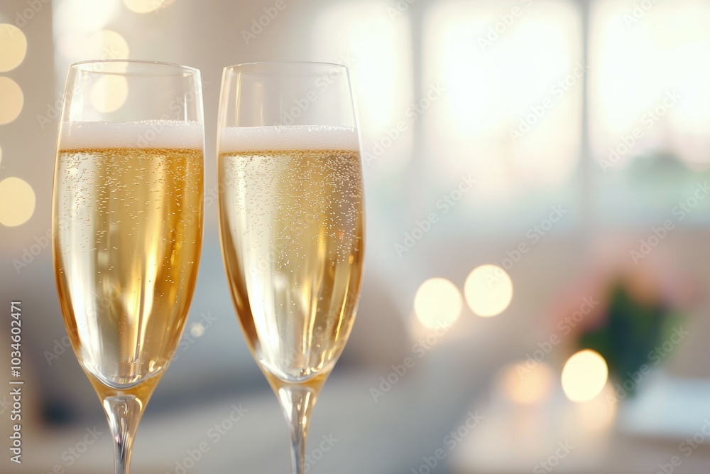 Two champagne glasses are filled with champagne and are sitting on a table Two champagne glasses are filled with champagne and are sitting on a table