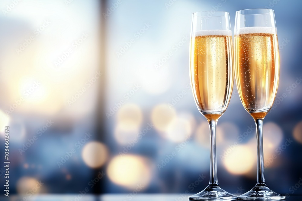Two champagne glasses are filled with bubbly liquid and placed on a table Two champagne glasses are filled with bubbly liquid and placed on a table