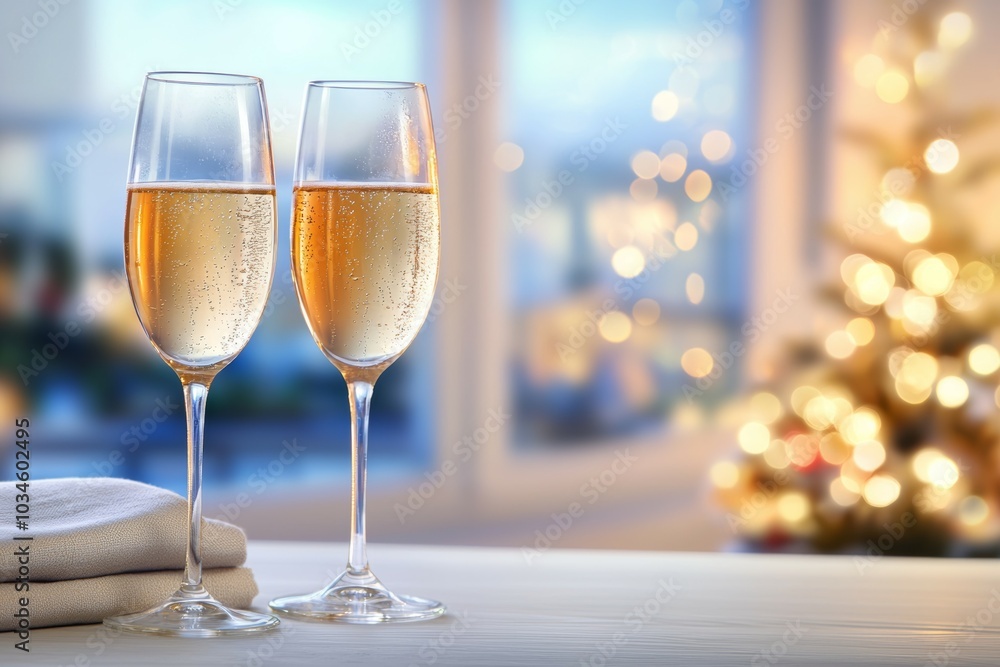 Two champagne glasses are on a table next to a Christmas tree Two champagne glasses are on a table next to a Christmas tree
