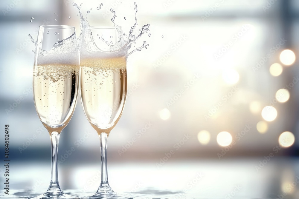 Two champagne glasses are filled with champagne and are sitting on a table Two champagne glasses are filled with champagne and are sitting on a table