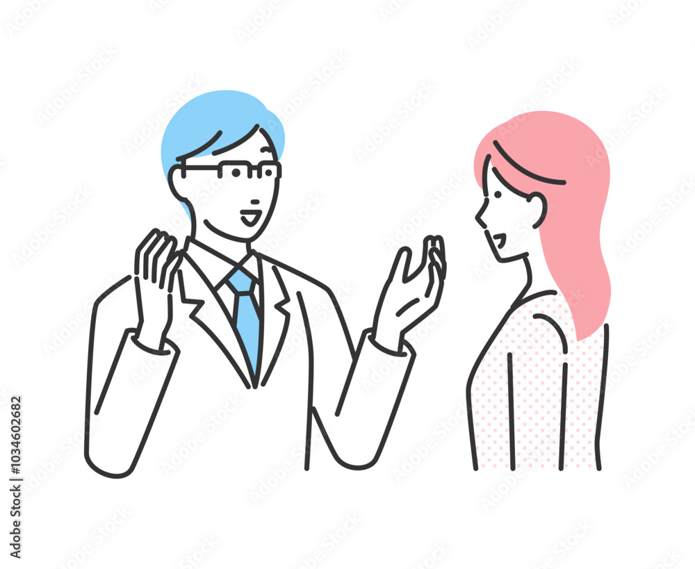 男性医師と診察を受けている女性のイラスト 男性医師と診察を受けている女性のイラスト