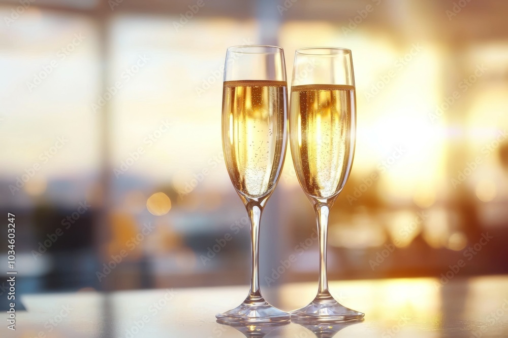 Two champagne glasses are on a table, one of which is almost empty Two champagne glasses are on a table, one of which is almost empty
