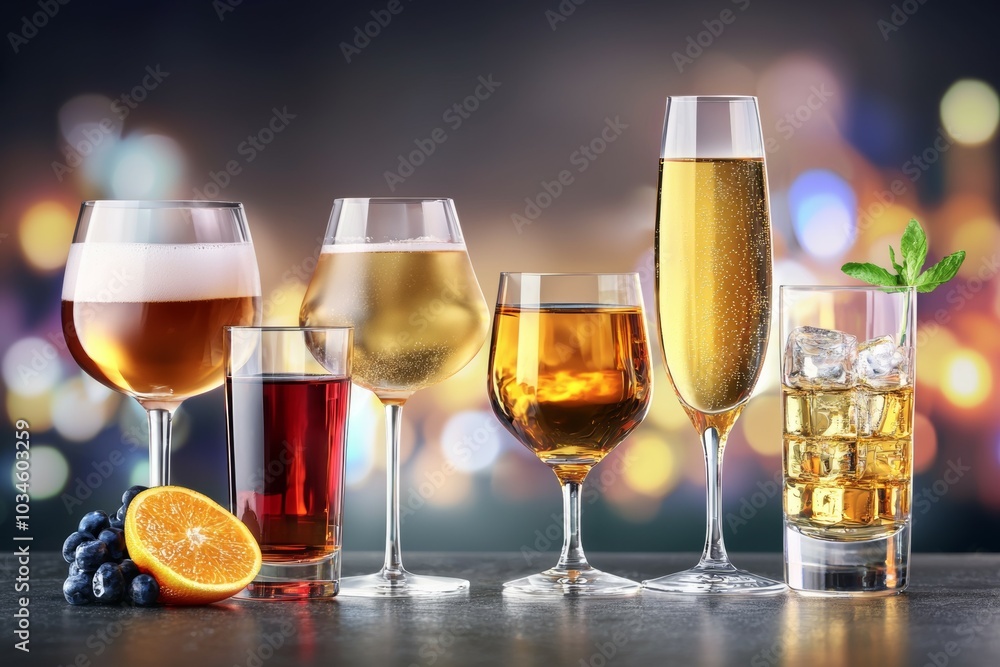 A row of glasses with different colored liquids in them, including a blueberry A row of glasses with different colored liquids in them, including a blueberry