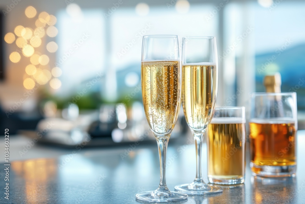 A table with a few glasses of champagne and beer, and a bottle of champagne A table with a few glasses of champagne and beer, and a bottle of champagne