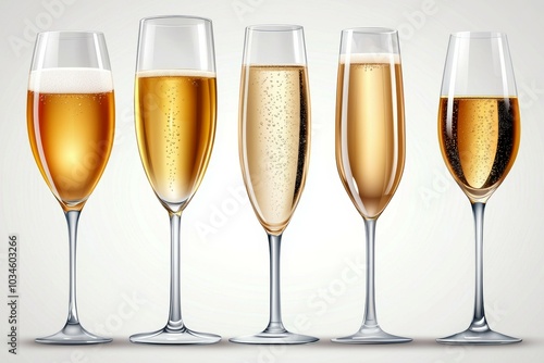 Five champagne glasses are lined up