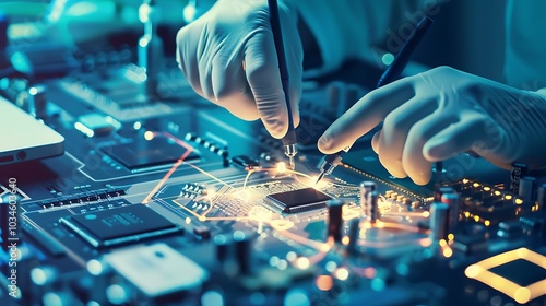 Testing the functionality of a microchip an engineer employs cutting-edge measuring devices and probes on a testing bench in a high-tech laboratory environment focused on precision and analysis