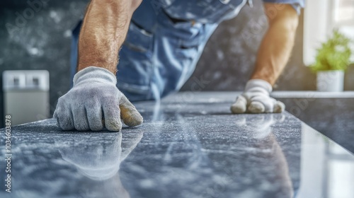 A worker installing or polishing a dark stone countertop in a well-lit environment.