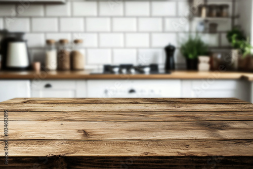 Wood Tabletop with Blurred Kitchen Background – Perfect Mockup for Product Display and Design Layout